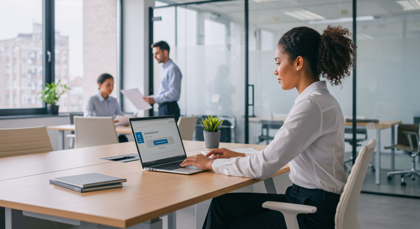 Uma mulher sentada em uma mesa de escritório, digitando em um laptop que exibe uma tela de login com opções de segurança, enquanto outras pessoas trabalham ao fundo. A imagem ilustra a interação do usuário com processos digitais e medidas de segurança em um ambiente de trabalho.