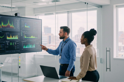 ois profissionais, um homem e uma mulher, em frente a um grande monitor com gráficos e dados sobre segurança digital, enquanto o homem aponta para a tela. A imagem ilustra a análise de ameaças e o monitoramento de segurança em um ambiente de escritório.