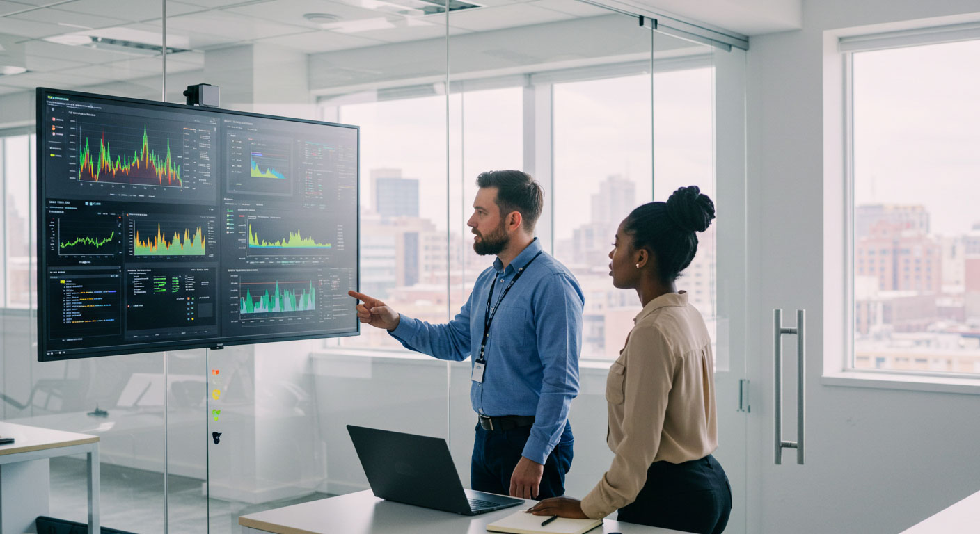 ois profissionais, um homem e uma mulher, em frente a um grande monitor com gráficos e dados sobre segurança digital, enquanto o homem aponta para a tela. A imagem ilustra a análise de ameaças e o monitoramento de segurança em um ambiente de escritório.