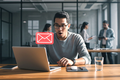 Um homem com óculos e expressão de surpresa olha para um laptop, com um ícone de e-mail em destaque. A imagem representa o impacto de uma interação digital, como um clique em um link, no contexto de segurança da informação.