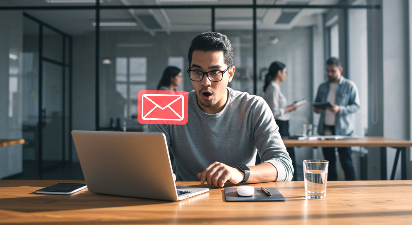 Um homem com óculos e expressão de surpresa olha para um laptop, com um ícone de e-mail em destaque. A imagem representa o impacto de uma interação digital, como um clique em um link, no contexto de segurança da informação.
