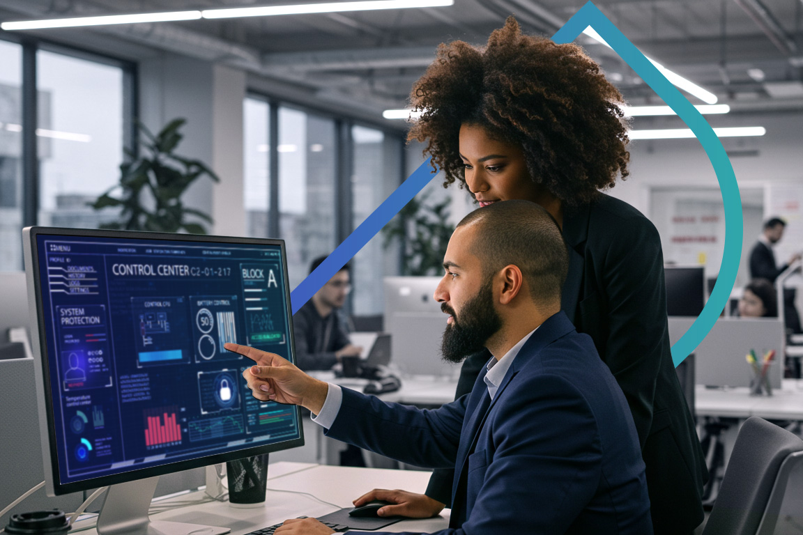 Dois profissionais de TI examinam um painel de monitoramento de cibersegurança em um escritório. A imagem ilustra a colaboração na gestão de sistemas de proteção, abordando temas como cibersegurança e gestão de identidades para um ambiente digital seguro.
