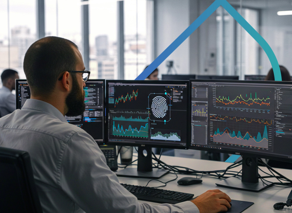 Um especialista em segurança digital monitora múltiplos painéis de dados em um escritório, incluindo gráficos de atividades e um ícone de impressão digital. A imagem representa o trabalho de análise forense digital e monitoramento de incidentes, focado na coleta e processamento de evidências para investigações corporativas.