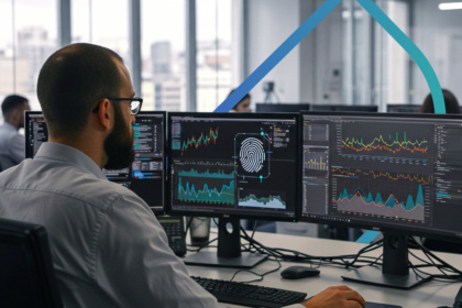 Um especialista em segurança digital monitora múltiplos painéis de dados em um escritório, incluindo gráficos de atividades e um ícone de impressão digital. A imagem representa o trabalho de análise forense digital e monitoramento de incidentes, focado na coleta e processamento de evidências para investigações corporativas.