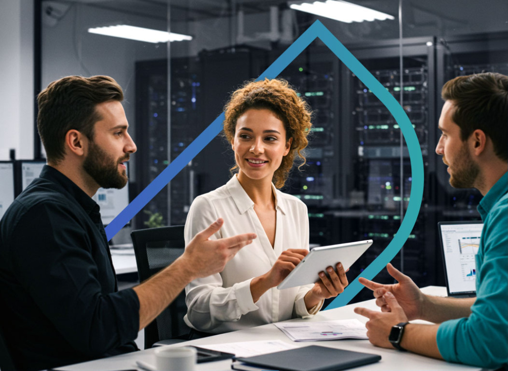 Três pessoas em uma sala de reunião com fundo de data center, discutindo estratégias e analisando dados em tablets e laptops. A imagem representa a colaboração em consultoria de tecnologia e segurança cibernética.