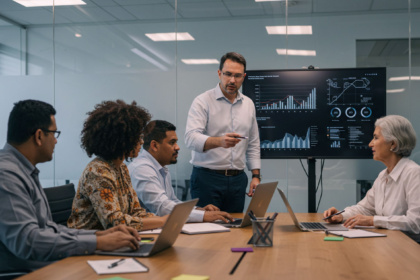 Cinco profissionais de negócios em uma sala de reunião, com um homem em pé apresentando dados em uma tela grande e interativa, enquanto os outros observam e trabalham em laptops. A imagem representa uma discussão sobre transformação digital e análise de dados em finanças.