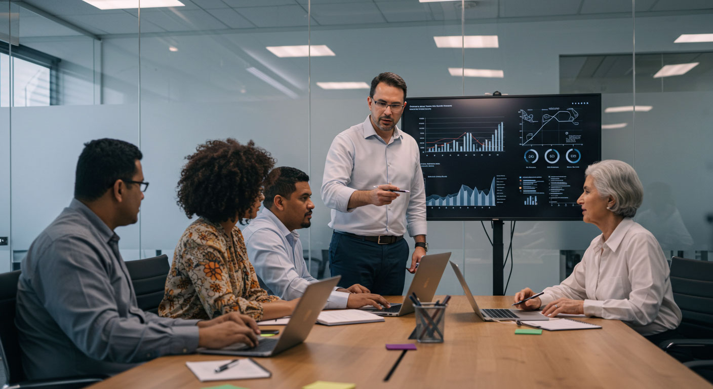 Cinco profissionais de negócios em uma sala de reunião, com um homem em pé apresentando dados em uma tela grande e interativa, enquanto os outros observam e trabalham em laptops. A imagem representa uma discussão sobre transformação digital e análise de dados em finanças.