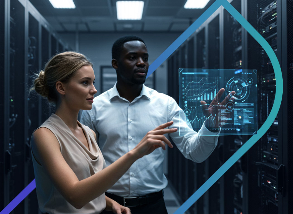 Profissionais de segurança digital em data center, analisando dados de risco para proteção e inovação.